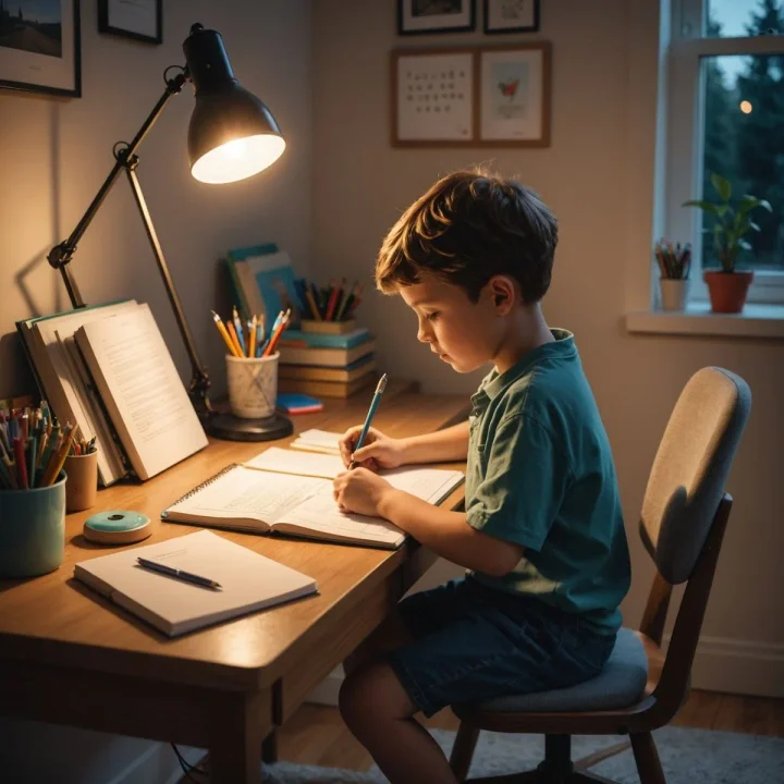 Niño concentrado y motivado estudiando en su mesa